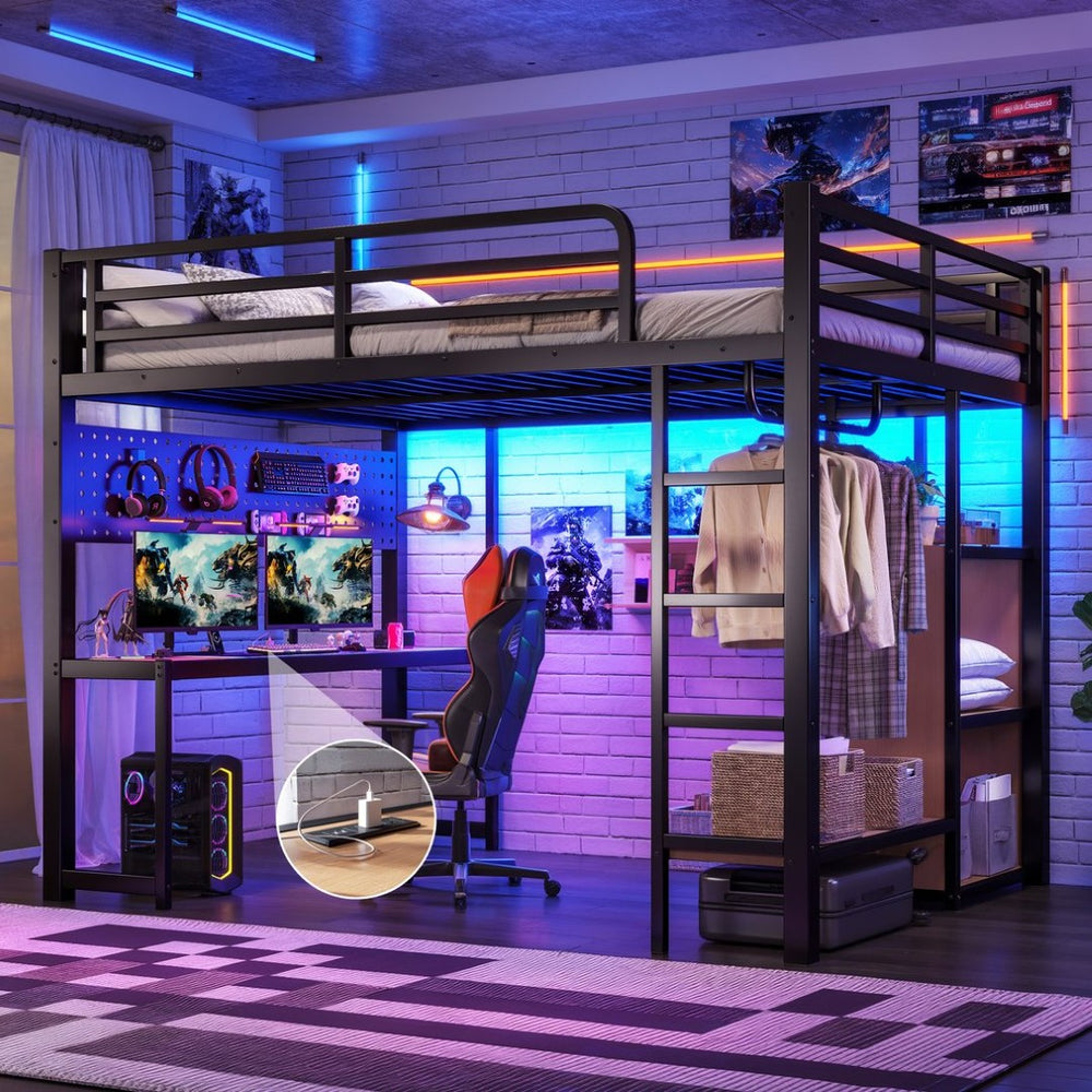 English Elm Queen Metal Loft Bed with Desk Shelves Usb Charging Lights and Hanging Rod Black W5305S00061