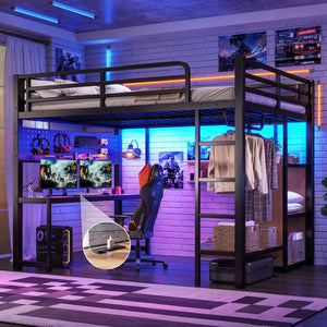 English Elm Queen Metal Loft Bed with Desk Shelves Usb Charging Lights and Hanging Rod Black W5305S00061