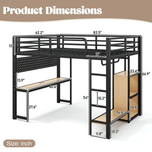 English Elm Queen Metal Loft Bed with Desk Shelves Usb Charging Lights and Hanging Rod Black W5305S00061