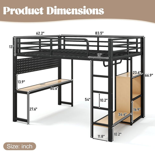 English Elm Queen Metal Loft Bed with Desk Shelves Usb Charging Lights and Hanging Rod Black W5305S00061