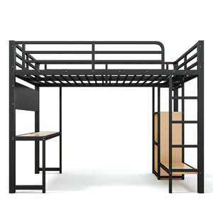English Elm Queen Metal Loft Bed with Desk Shelves Usb Charging Lights and Hanging Rod Black W5305S00061