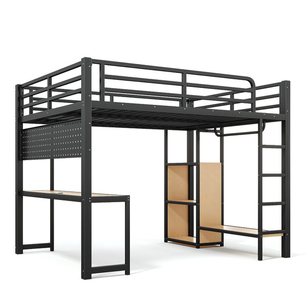 English Elm Queen Metal Loft Bed with Desk Shelves Usb Charging Lights and Hanging Rod Black W5305S00061