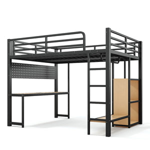 English Elm Queen Metal Loft Bed with Desk Shelves Usb Charging Lights and Hanging Rod Black W5305S00061