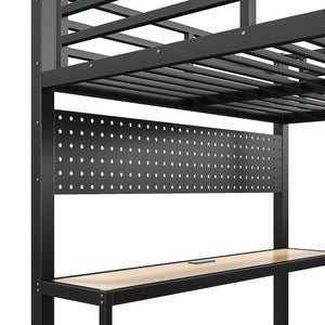English Elm Queen Metal Loft Bed with Desk Shelves Usb Charging Lights and Hanging Rod Black W5305S00061
