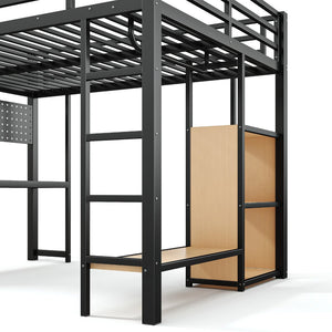 English Elm Queen Metal Loft Bed with Desk Shelves Usb Charging Lights and Hanging Rod Black W5305S00061