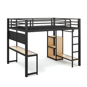 English Elm Queen Metal Loft Bed with Desk Shelves Usb Charging Lights and Hanging Rod Black W5305S00061