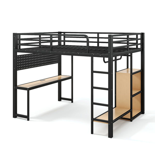 English Elm Queen Metal Loft Bed with Desk Shelves Usb Charging Lights and Hanging Rod Black W5305S00061