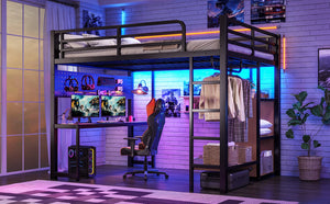 English Elm Queen Metal Loft Bed with Desk Shelves Usb Charging Lights and Hanging Rod Black W5305S00061
