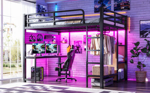 English Elm Queen Metal Loft Bed with Desk Shelves Usb Charging Lights and Hanging Rod Black W5305S00061