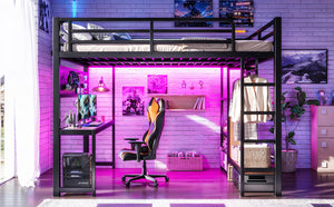 English Elm Queen Metal Loft Bed with Desk Shelves Usb Charging Lights and Hanging Rod Black W5305S00061