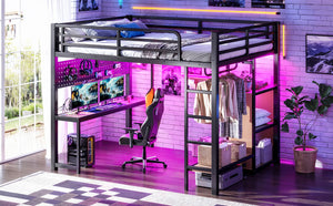 English Elm Queen Metal Loft Bed with Desk Shelves Usb Charging Lights and Hanging Rod Black W5305S00061
