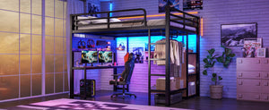 English Elm Queen Metal Loft Bed with Desk Shelves Usb Charging Lights and Hanging Rod Black W5305S00061