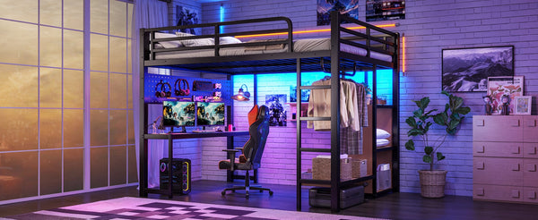 English Elm Queen Metal Loft Bed with Desk Shelves Usb Charging Lights and Hanging Rod Black W5305S00061