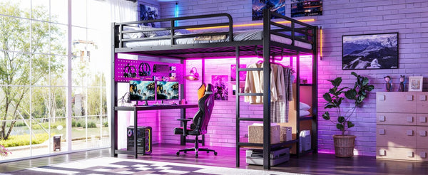 English Elm Queen Metal Loft Bed with Desk Shelves Usb Charging Lights and Hanging Rod Black W5305S00061