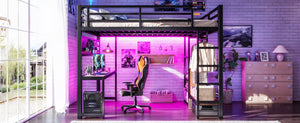 English Elm Queen Metal Loft Bed with Desk Shelves Usb Charging Lights and Hanging Rod Black W5305S00061