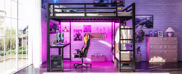 English Elm Queen Metal Loft Bed with Desk Shelves Usb Charging Lights and Hanging Rod Black W5305S00061