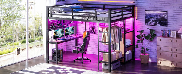 English Elm Queen Metal Loft Bed with Desk Shelves Usb Charging Lights and Hanging Rod Black W5305S00061