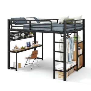 English Elm Queen Metal Loft Bed with Desk Shelves Usb Charging Lights and Hanging Rod Black W5305S00061