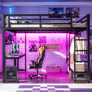English Elm Queen Metal Loft Bed with Desk Shelves Usb Charging Lights and Hanging Rod Black W5305S00061