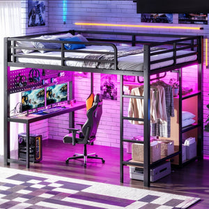 English Elm Queen Metal Loft Bed with Desk Shelves Usb Charging Lights and Hanging Rod Black W5305S00061