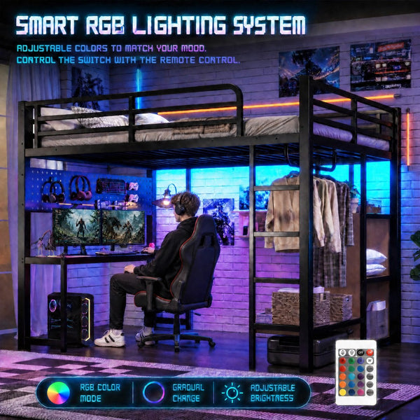 English Elm Queen Metal Loft Bed with Desk Shelves Usb Charging Lights and Hanging Rod Black W5305S00061