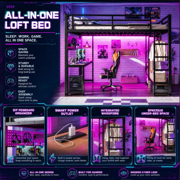 English Elm Queen Metal Loft Bed with Desk Shelves Usb Charging Lights and Hanging Rod Black W5305S00061