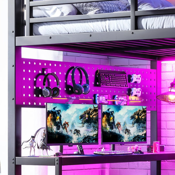 English Elm Queen Metal Loft Bed with Desk Shelves Usb Charging Lights and Hanging Rod Black W5305S00061
