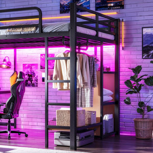 English Elm Queen Metal Loft Bed with Desk Shelves Usb Charging Lights and Hanging Rod Black W5305S00061
