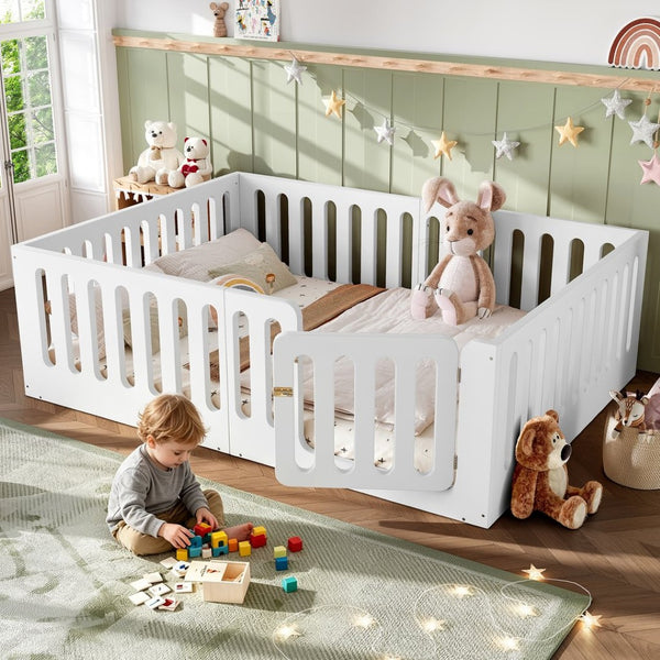 English Elm Queen Montessori Floor Bed Solid Wood Frame with Playhouse Door for Kids Rooms White W5305S00065