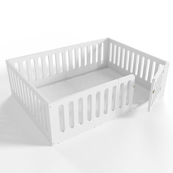 English Elm Queen Montessori Floor Bed Solid Wood Frame with Playhouse Door for Kids Rooms White W5305S00065