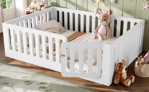 English Elm Queen Montessori Floor Bed Solid Wood Frame with Playhouse Door for Kids Rooms White W5305S00065