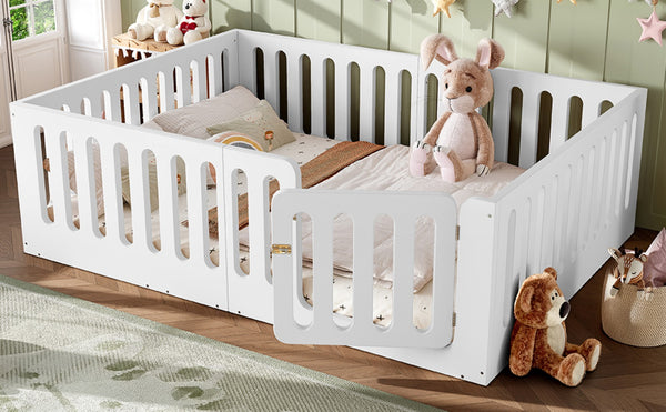 English Elm Queen Montessori Floor Bed Solid Wood Frame with Playhouse Door for Kids Rooms White W5305S00065