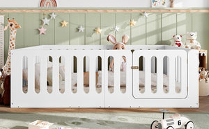 English Elm Queen Montessori Floor Bed Solid Wood Frame with Playhouse Door for Kids Rooms White W5305S00065