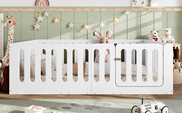 English Elm Queen Montessori Floor Bed Solid Wood Frame with Playhouse Door for Kids Rooms White W5305S00065
