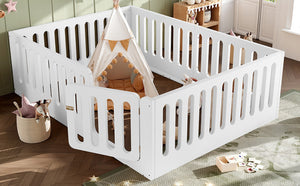 English Elm Queen Montessori Floor Bed Solid Wood Frame with Playhouse Door for Kids Rooms White W5305S00065