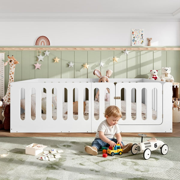 English Elm Queen Montessori Floor Bed Solid Wood Frame with Playhouse Door for Kids Rooms White W5305S00065