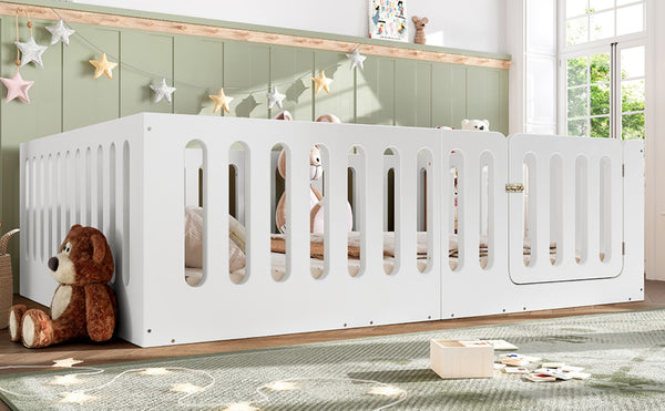 English Elm Queen Montessori Floor Bed Solid Wood Frame with Playhouse Door for Kids Rooms White W5305S00065