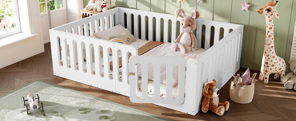 English Elm Queen Montessori Floor Bed Solid Wood Frame with Playhouse Door for Kids Rooms White W5305S00065