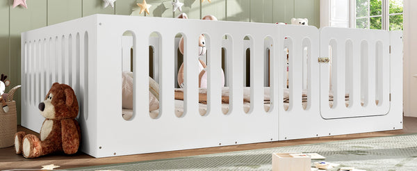 English Elm Queen Montessori Floor Bed Solid Wood Frame with Playhouse Door for Kids Rooms White W5305S00065