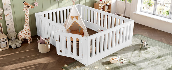 English Elm Queen Montessori Floor Bed Solid Wood Frame with Playhouse Door for Kids Rooms White W5305S00065