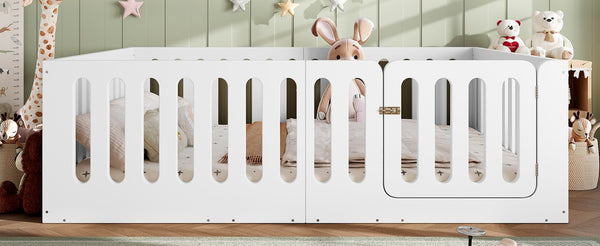English Elm Queen Montessori Floor Bed Solid Wood Frame with Playhouse Door for Kids Rooms White W5305S00065