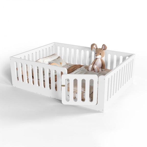 English Elm Queen Montessori Floor Bed Solid Wood Frame with Playhouse Door for Kids Rooms White W5305S00065