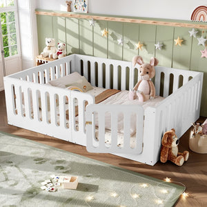 English Elm Queen Montessori Floor Bed Solid Wood Frame with Playhouse Door for Kids Rooms White W5305S00065