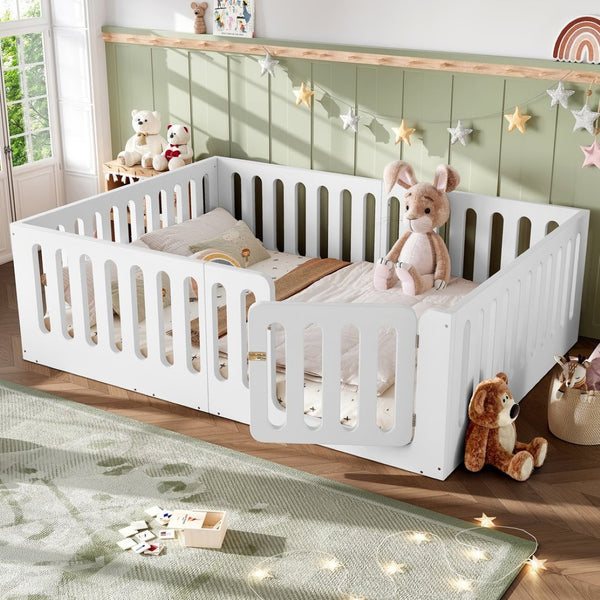 English Elm Queen Montessori Floor Bed Solid Wood Frame with Playhouse Door for Kids Rooms White W5305S00065