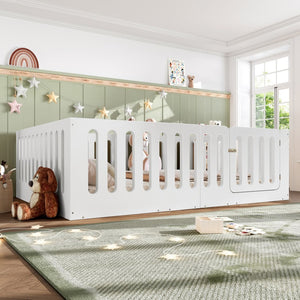 English Elm Queen Montessori Floor Bed Solid Wood Frame with Playhouse Door for Kids Rooms White W5305S00065