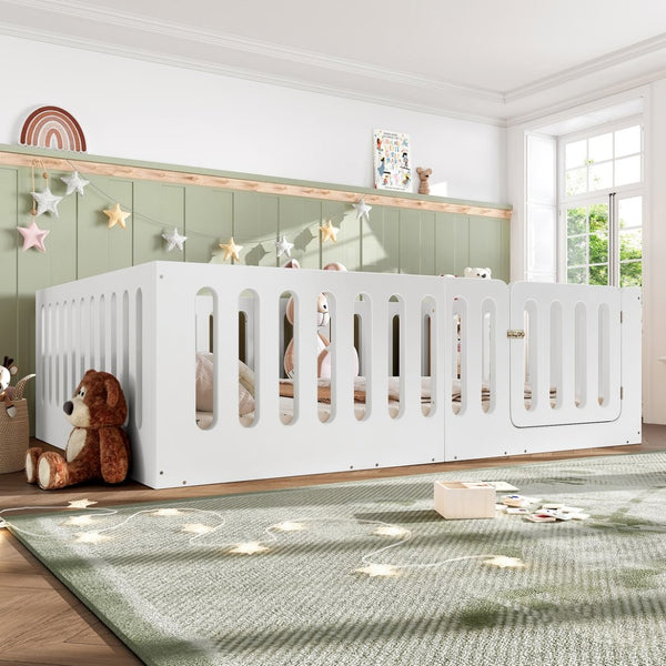 English Elm Queen Montessori Floor Bed Solid Wood Frame with Playhouse Door for Kids Rooms White W5305S00065