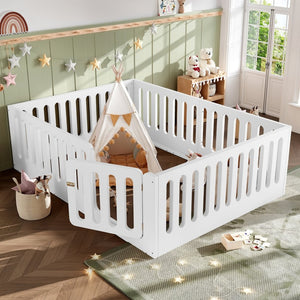 English Elm Queen Montessori Floor Bed Solid Wood Frame with Playhouse Door for Kids Rooms White W5305S00065