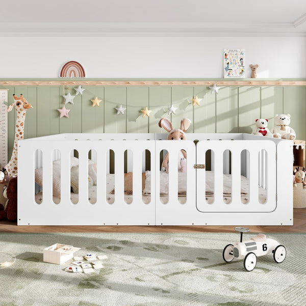 English Elm Queen Montessori Floor Bed Solid Wood Frame with Playhouse Door for Kids Rooms White W5305S00065