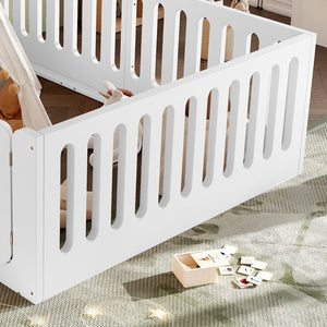 English Elm Queen Montessori Floor Bed Solid Wood Frame with Playhouse Door for Kids Rooms White W5305S00065