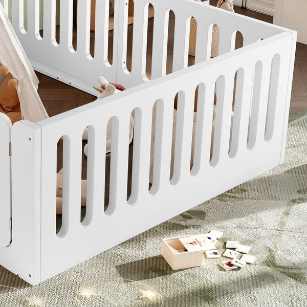 English Elm Queen Montessori Floor Bed Solid Wood Frame with Playhouse Door for Kids Rooms White W5305S00065